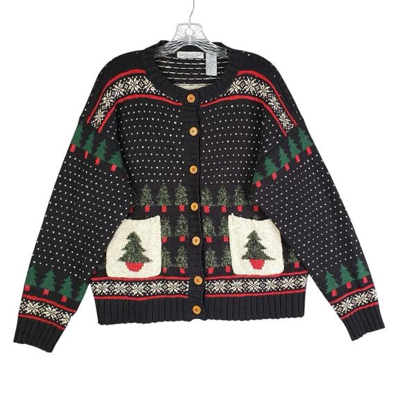 Northern Isles Vtg Cardigan Sweater Women Large Black Christmas Grandma Tree - Picture 2 of 11